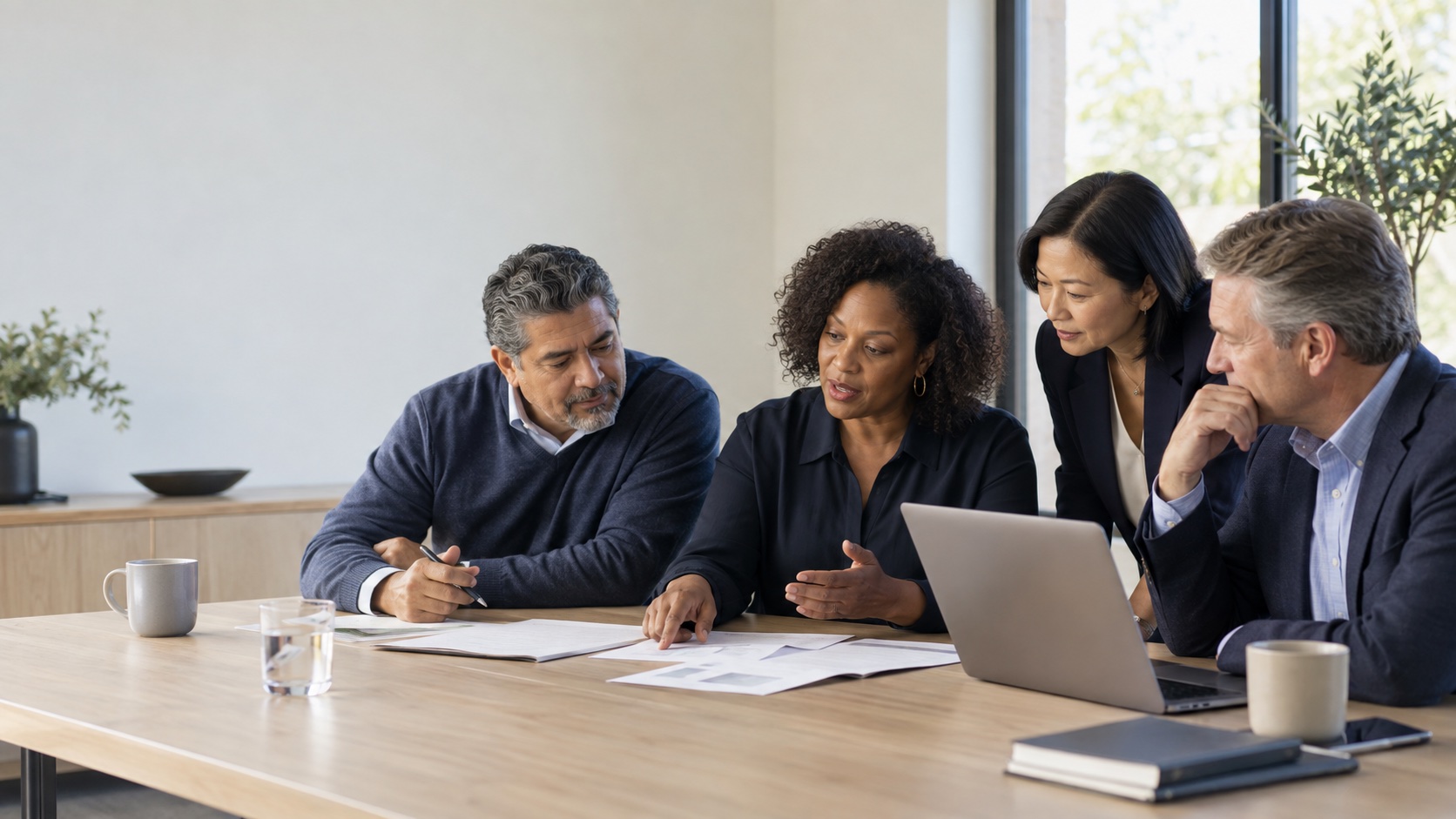 Illustrative photo of business colleagues reviewing documents around a conference table.